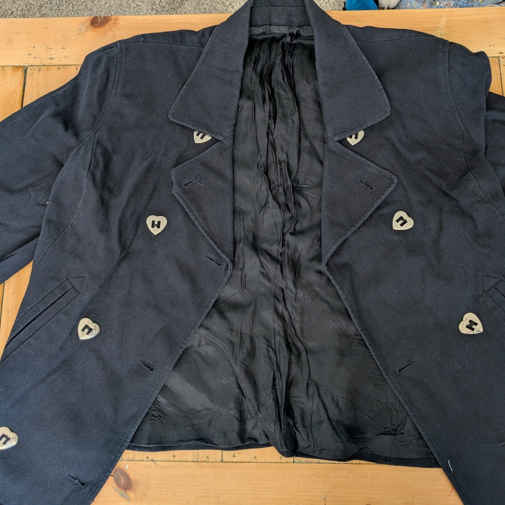 Black Double-Breasted Jacket With Heart Shaped Buttons And Shoulder Pads